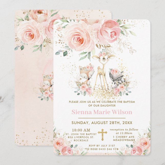 Chic Blush Blumenwald Taufe Christening Einladung (Vorne/Hinten)