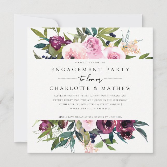 CHIC BLUSH BURGUNDDY FLORAL BUNCH BRAUTPARTY EINLADUNG (Vorderseite)