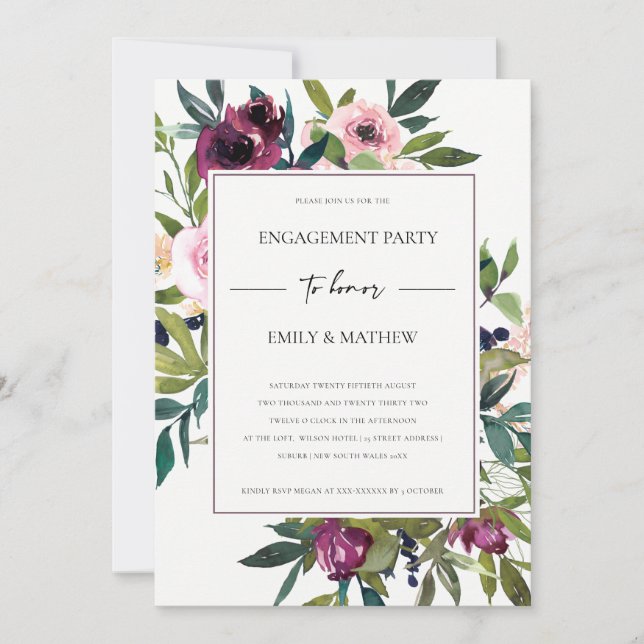 CHIC BLUSH BURGUNDY FLORAL BUNCH ENGAGEMENT PARTEI EINLADUNG (Vorderseite)