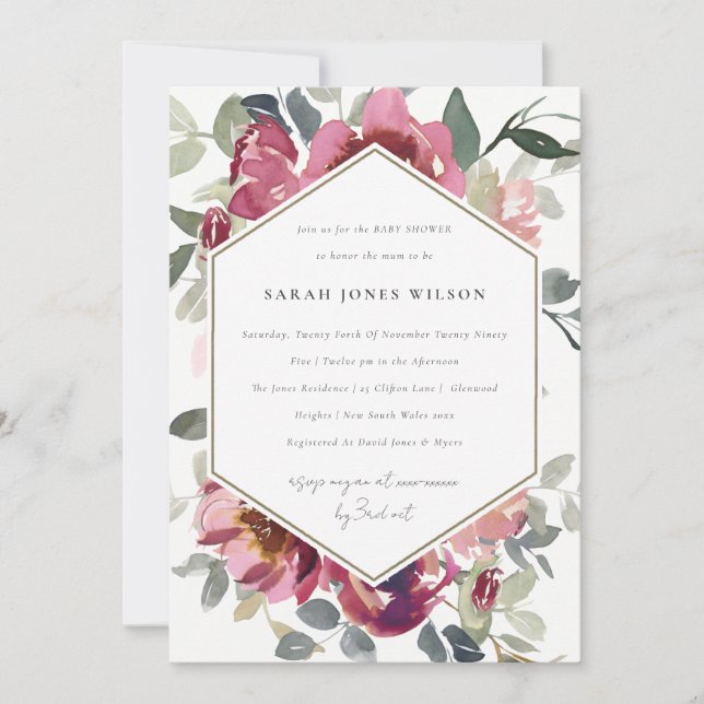 CHIC BLUSH BURGUNDY ROSE FLORAL BABY SHOWITE EINLA DANKESKARTE (Vorderseite)