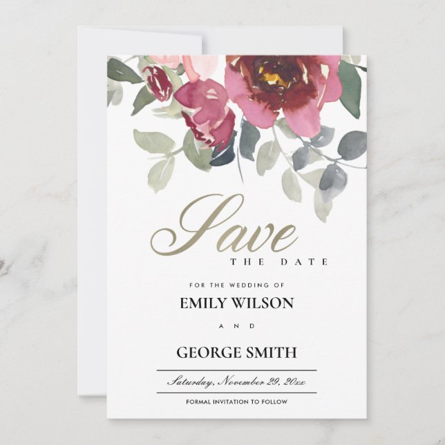CHIC BLUSH BURGUNDY ROSE FLORAL SAVE THE DATE KART DANKESKARTE (Vorderseite)
