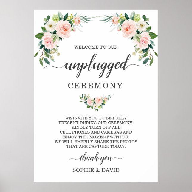 Chic Blush Cream Floral Unplugged Zeremony Sign Poster (Vorne)