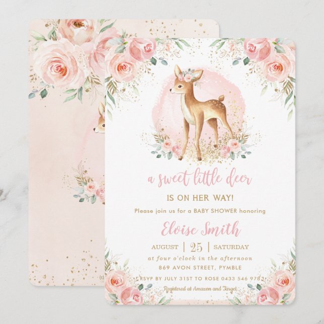 Chic Blush Floral Baby Deer Fawn Girl Baby Dusche Einladung (Vorne/Hinten)