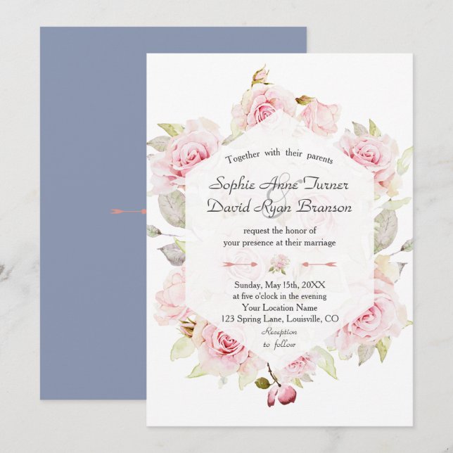 Chic Blush Floral Geometric Dusty Blue Wedding Einladung (Vorne/Hinten)
