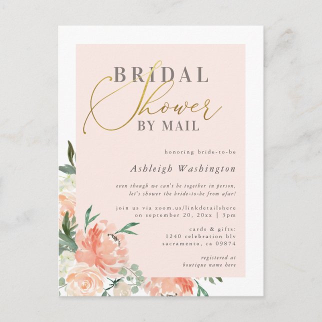 Chic Blush Floral Gold Brautparty per Mail Einladungspostkarte (Vorderseite)