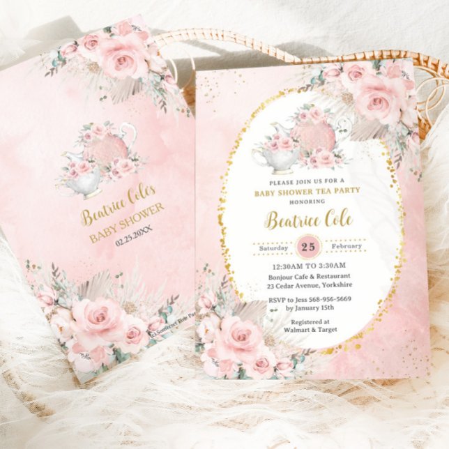 Chic Blush Floral Pampas Tea Party Babydusche Einladung (Von Creator hochgeladen)