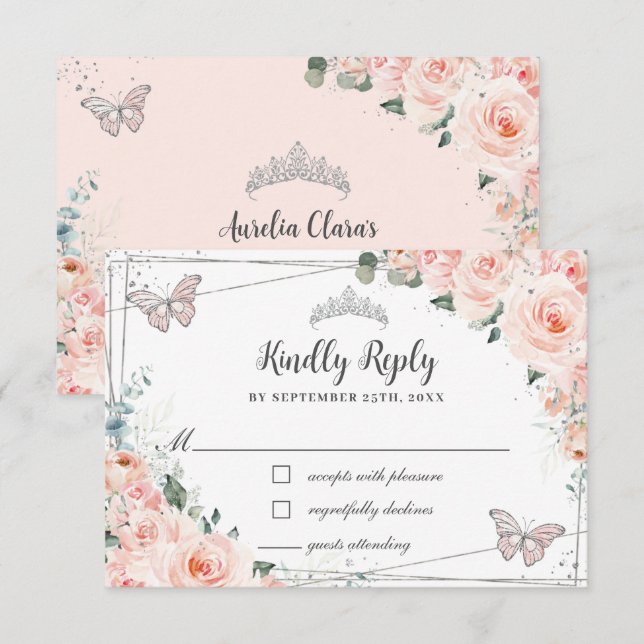 Chic Blush Floral Silver QUINCEAÑERA Schmetterling RSVP Karte (Vorne/Hinten)