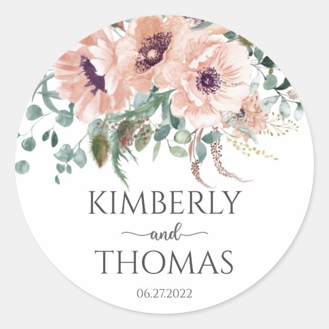 Chic Blush Floral Wedding Runder Aufkleber (Vorderseite)