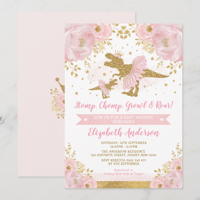 Chic Blush Gold Floral Dinosaur Girl Babydusche Einladung (Vorne/Hinten)