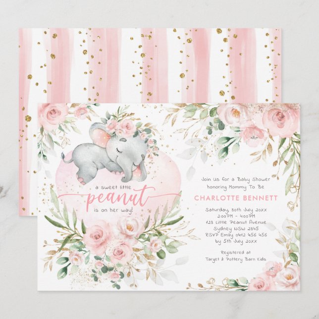 Chic Blush Gold Floral Elephant Girl Baby Dusche Einladung (Vorne/Hinten)