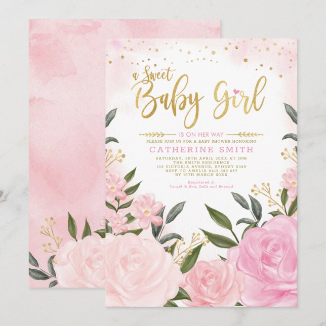 Chic Blush Gold Garden Blumen Rose Babydusche Einladung (Vorne/Hinten)