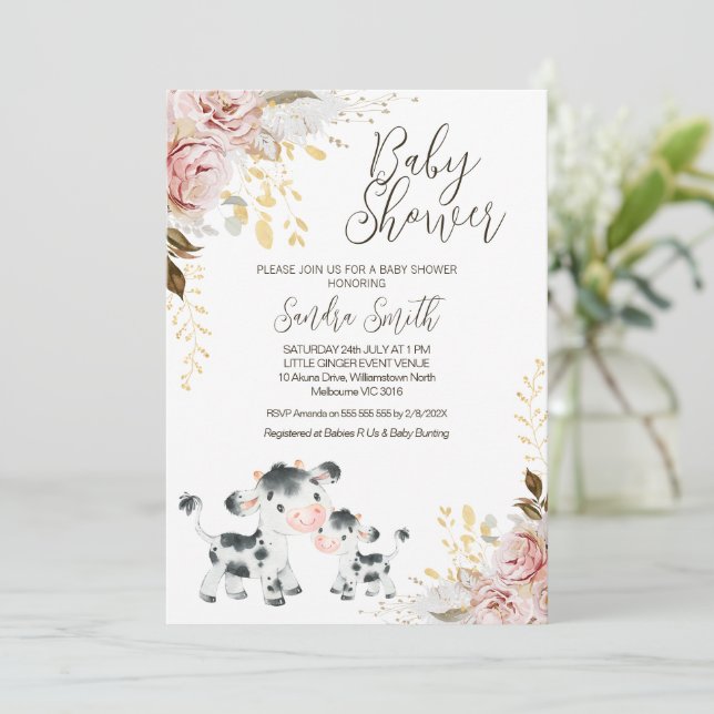 Chic Blush Gold Kuh Calf Baby Dusche Einladung (Stehend Vorderseite)