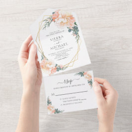 Chic Blush Gold Peach Dusty Blue Floral Wedding All In One Einladung