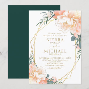 Chic Blush Gold Peach Emerald Green Floral Wedding Einladung