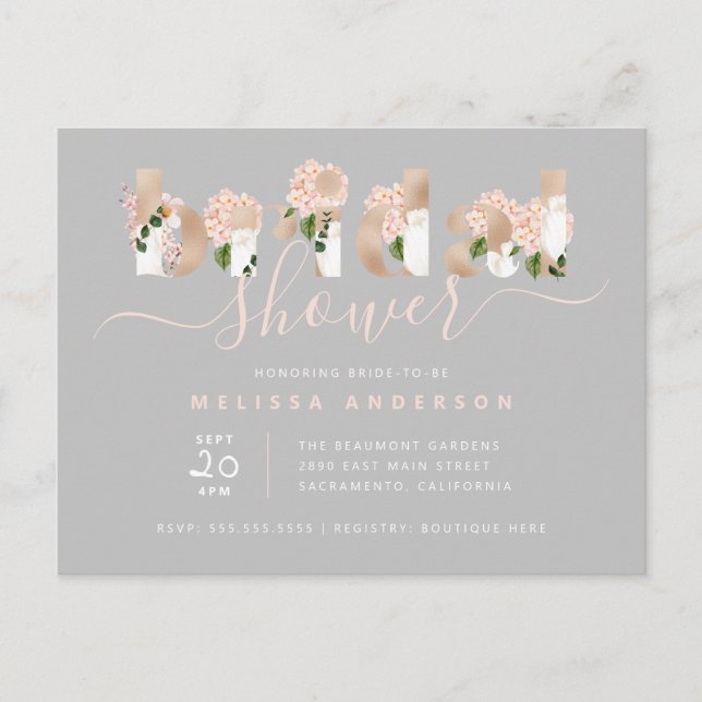 Chic Blush & Gold Typografie Brautparty Einladungspostkarte (Vorderseite)