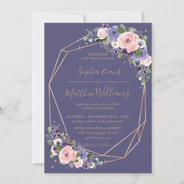 Chic Blush Lavender Floral Gold Geometric Wedding Einladung (Vorderseite)