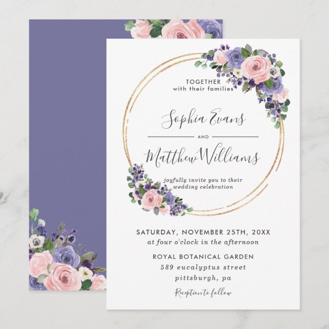 Chic Blush Lavender Lila Blumengold Hochzeit Einladung (Vorne/Hinten)