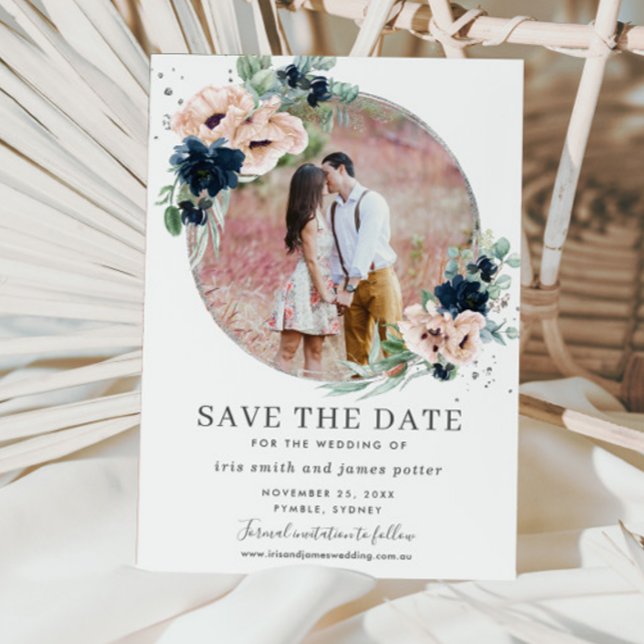 Chic Blush Navy Blue Floral Silver Greenerity Foto Save The Date (Von Creator hochgeladen)