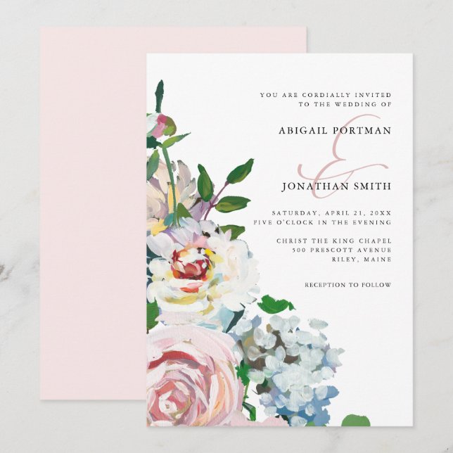 Chic Blush Pastellfarben Blumenblüten Hochzeit Einladung (Vorne/Hinten)