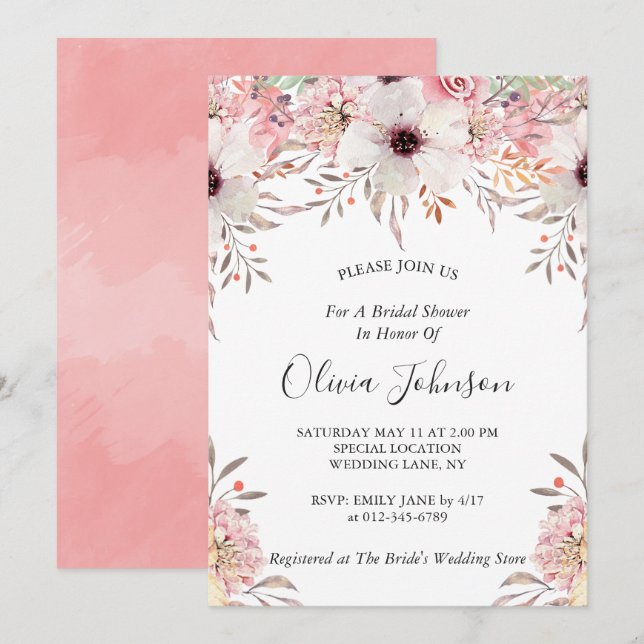 Chic Blush Pink Aquarell Brautparty Einladung (Vorne/Hinten)