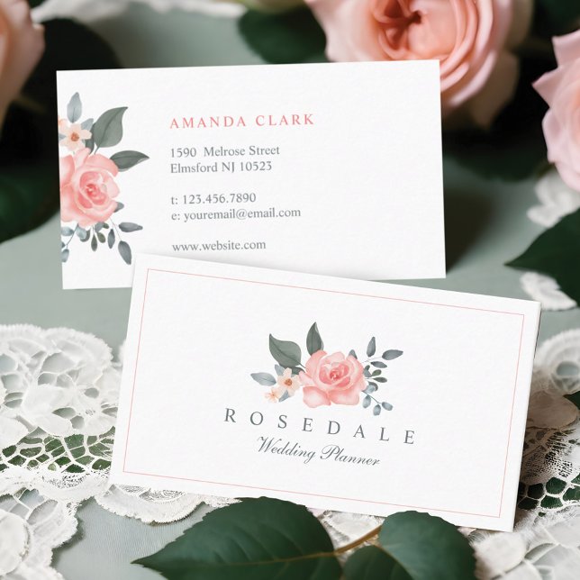 Chic Blush Pink Aquarell Rose & Grün Visitenkarte (Chic Blush Pink Watercolor Floral Rose & Greenery Business Card)