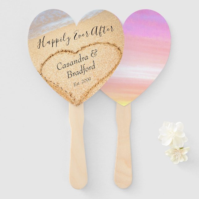 Chic Blush Pink Beach Wedding Herz Sand Gefallen Fächer (Vorne und Hinten)