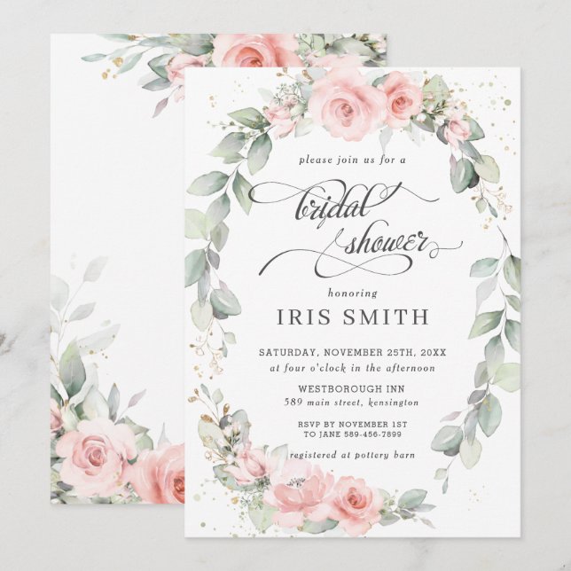 Chic Blush Pink Bläschen Leafy Wreath Brautparty Einladung (Vorne/Hinten)
