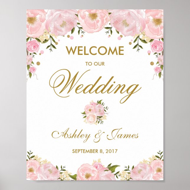 Chic Blush Pink Blues Hochzeitsposter Begrüßungsze Poster (Vorne)