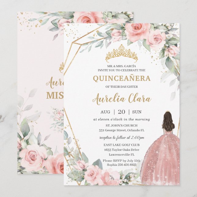 Chic Blush Pink Blues Prinzessin Crown Quinceañera Einladung (Vorne/Hinten)
