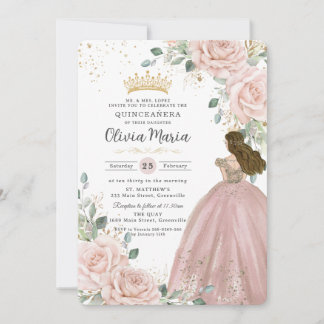 Chic Blush Pink Blues Prinzessin Dress Quinceañera Einladung