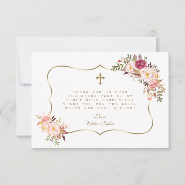 Chic Blush Pink Blume Gold Cross Heilige Kommune Dankeskarte (Vorderseite)
