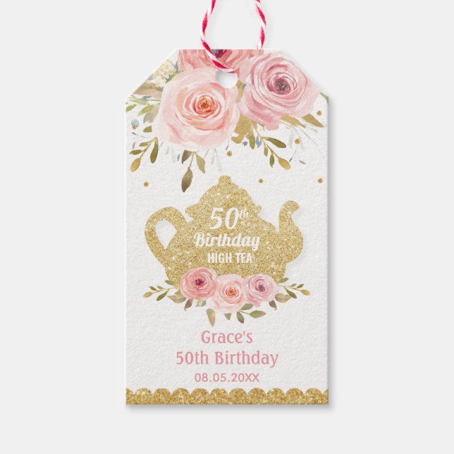 Chic Blush Pink Blumenstrauß Tee Party Geburtstag Geschenkanhänger (Vorderseite)