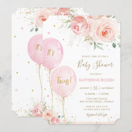 Chic Blush Pink Blütenballons Twins Baby Dusche Einladung