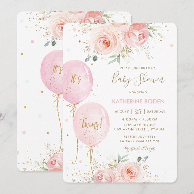 Chic Blush Pink Blütenballons Twins Baby Dusche Einladung (Vorne/Hinten)