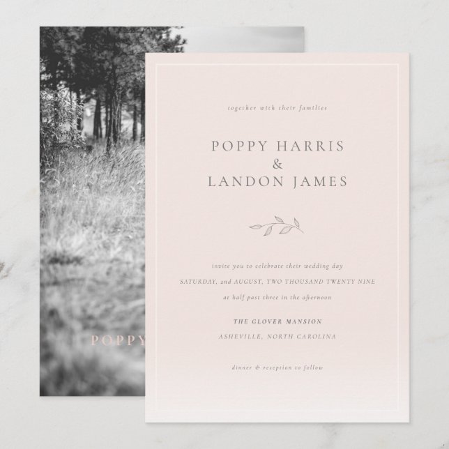 Chic Blush Pink Botanisches Foto Hochzeit Einladun Einladung (Vorne/Hinten)