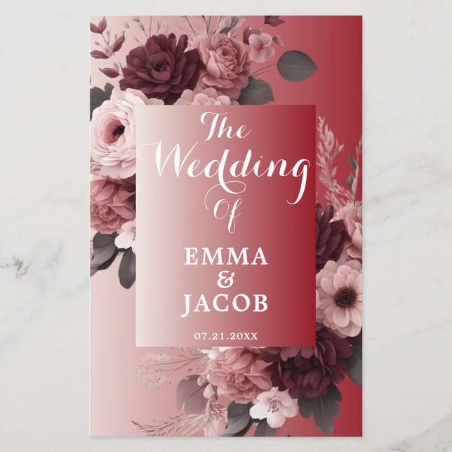 Chic Blush Pink Bourgogne Programme de mariage flo (Devant)