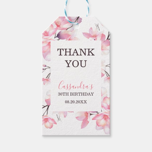 Chic Blush Pink Cherry Blossom Botanischer Geburts Geschenkanhänger (Vorderseite)