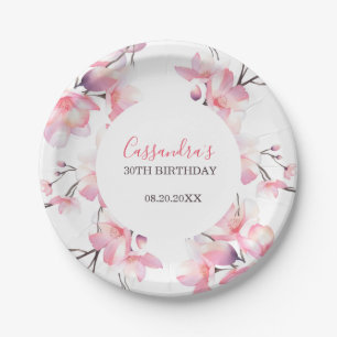Chic Blush Pink Cherry Blossom Botanischer Geburts Pappteller