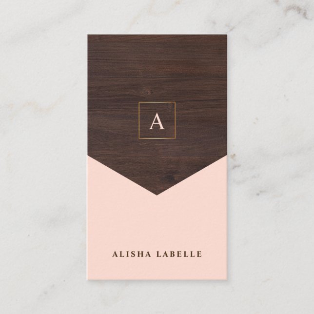 Chic Blush Pink, Dark Wood & Gold Stilvolle Monogr Visitenkarte (Vorderseite)