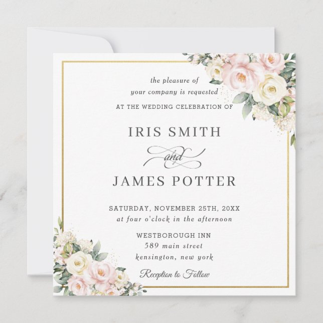 Chic Blush Pink Elfenbeinflora Gold Hochzeitsplatz Einladung (Vorderseite)