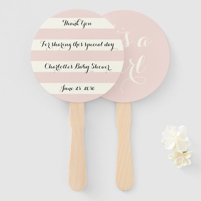Chic blush pink Elfenbeinstreifen Skript Baby Show Fächer (Vorne und Hinten)