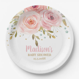 Chic Blush Pink Floral Baby Dusche Geburtstagspart Pappteller
