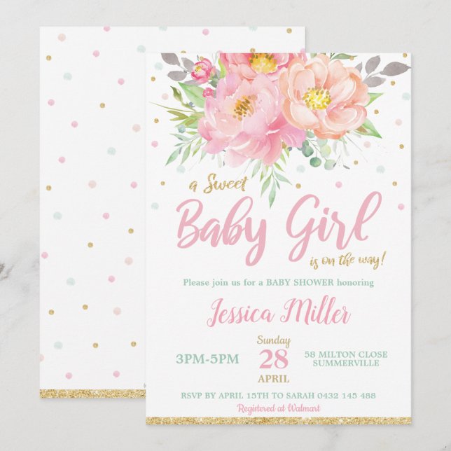 Chic Blush Pink Floral Baby Dusche Minze Baby Girl Einladung (Vorne/Hinten)