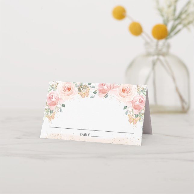 Chic Blush Pink Floral Butterfells Guest Name Plac Platzkarte (Vorderseite)