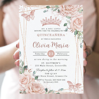 Chic Blush Pink Floral Butterfliegen Quinceañera Einladung