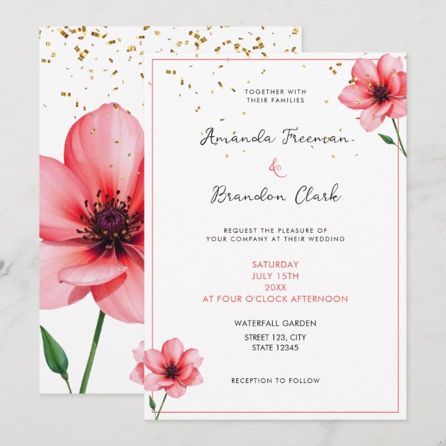 Chic Blush Pink Floral Confetti Frame Wedding Einladung (Vorne/Hinten)