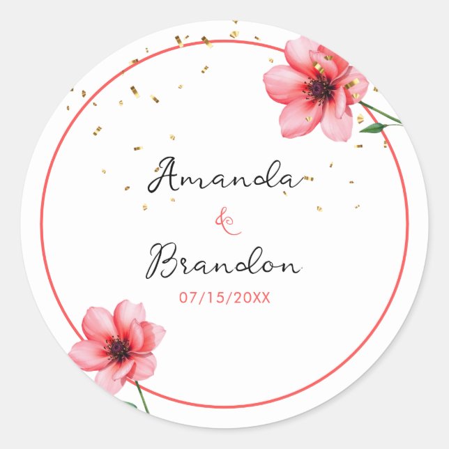 Chic Blush Pink Floral Confetti Rahmen Hochzeit Runder Aufkleber (Vorderseite)