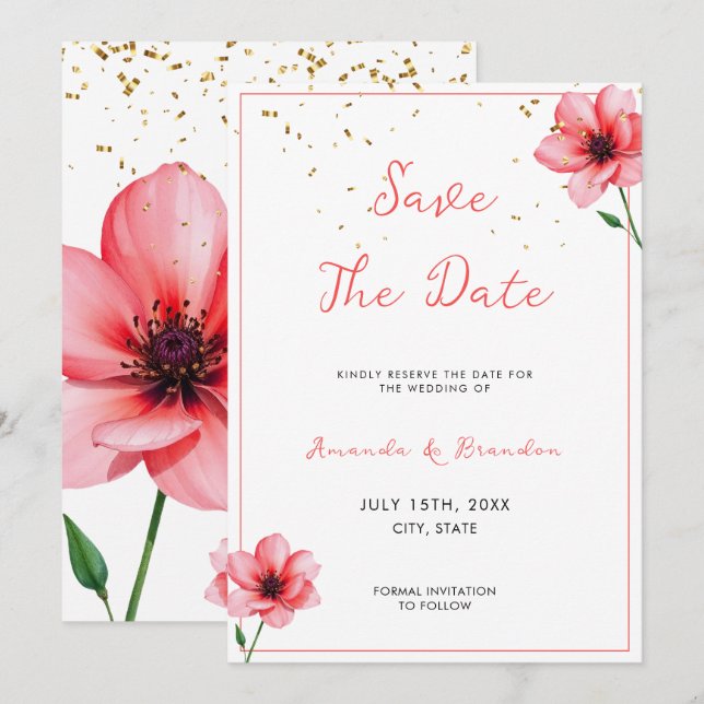 Chic Blush Pink Floral Confetti Rahmen Hochzeit Save The Date (Vorne/Hinten)