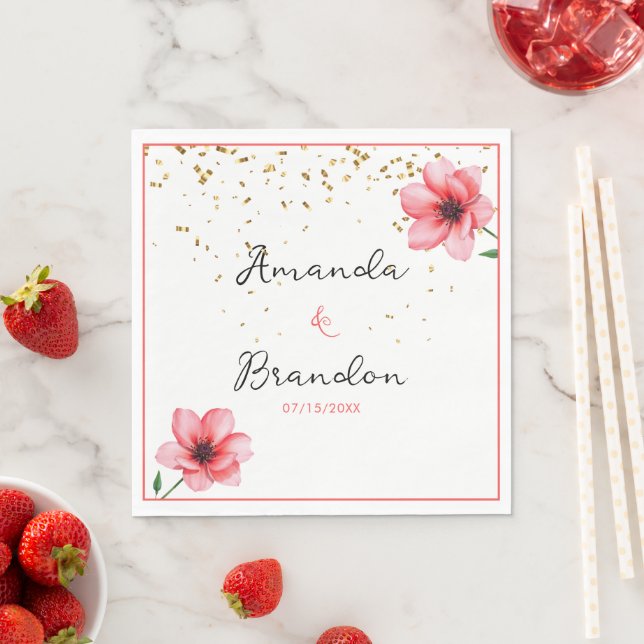 Chic Blush Pink Floral Confetti Rahmen Hochzeit Serviette (Beispiel)