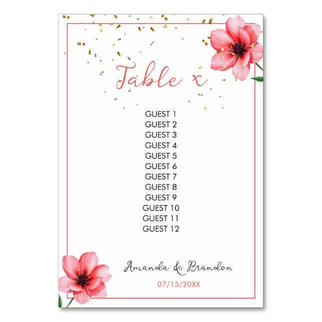 Chic Blush Pink Floral Confetti Rahmen Hochzeit Tischnummer (Vorderseite)